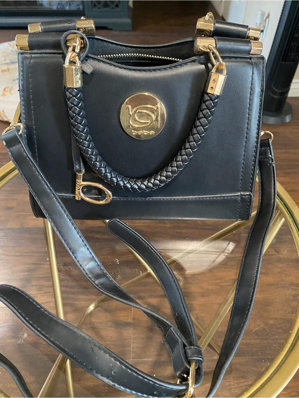 bebe Black Satchel with Braided Handle and Gold Accents